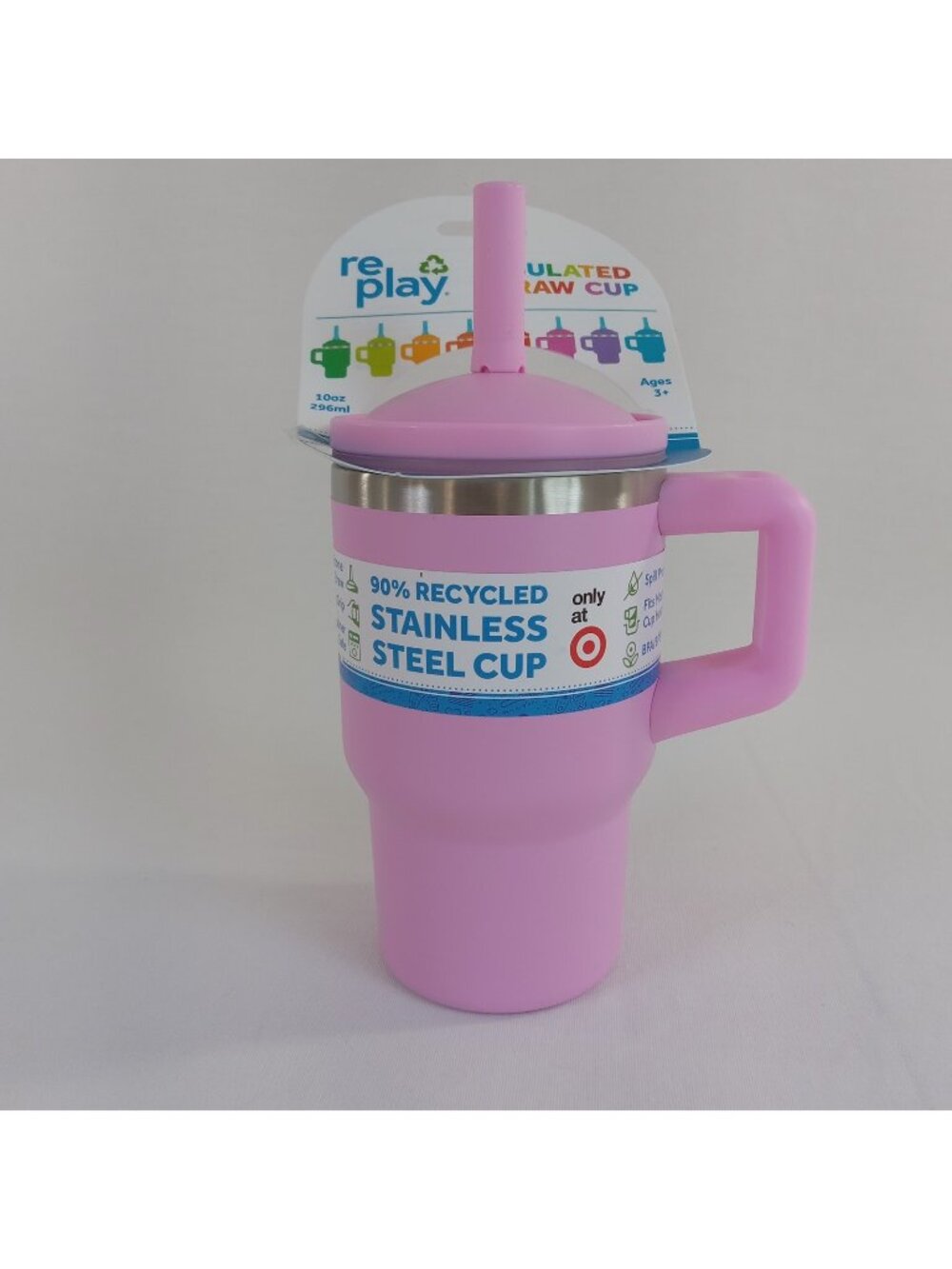 Re-Play Pink Insulated Stainless Steel Straw Cup 10oz Handle Kid's Ages 3+ BPA